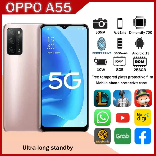oppo A55 Real 5G phone RAM 8GB + ROM 256GB 6.51 inch 5000mAh 50MP Android 12 1year warranty