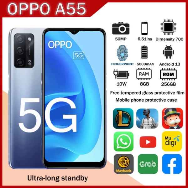 oppo A55 Real 5G phone RAM 8GB + ROM 256GB 6.51 inch 5000mAh 50MP Android 12 1year warranty